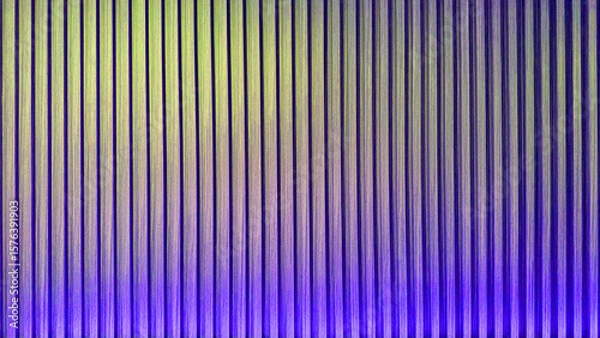 Fototapeta Colorful striped wooden slats wall texture with vertical lines, gradient from purple to blue to yellow, abstract background for design. wood slats with neon lighting from bottom use as background.
