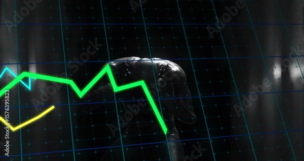 Fototapeta Displaying metallic crocodile head rising on digital grid, neon green and yellow graphs, copy space