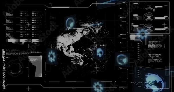 Fototapeta Displaying central fractal hologram on control dashboard, with code panels and gauge diagrams