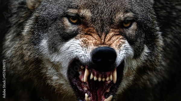 Obraz growling Wolf studio shot with black background.