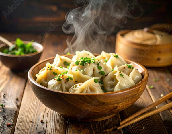 Fototapeta A steaming bowl of buuz, traditional Mongolian steamed dumplings, served with soy sauce on a rustic wooden table.