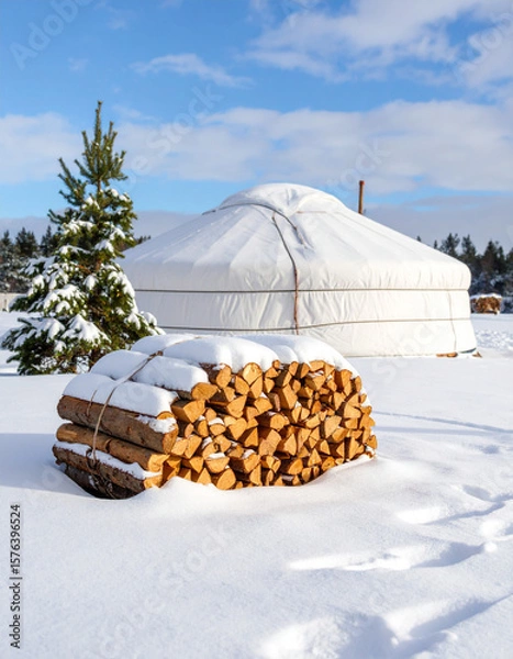 Fototapeta A stack of firewood tied with a rope beside a Mongolian ger in a snowy winter landscape.