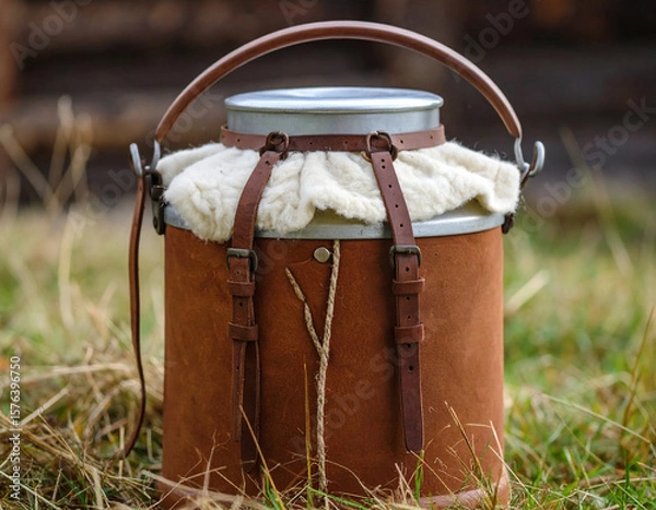 Fototapeta A rustic felt and leather container for fermented mare's milk (airag), showcasing nomadic ingenuity and tradition.