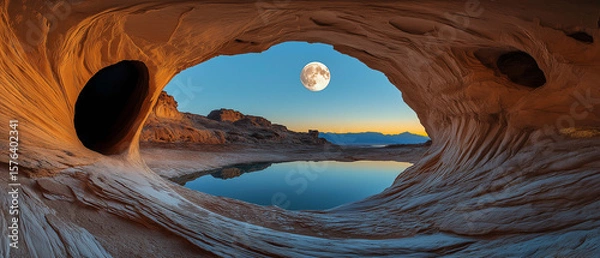 Obraz AI generator images of A view of the desert arch with natural scenery and the moon in the middle, making it look like an eye. A beautiful view of nature. 