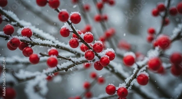 Obraz Red berries covered in snow on branches, close-up winter scene.