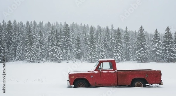 Obraz Red vintage truck parked in a snowy field with a backdrop of evergreen trees during a snowstorm.