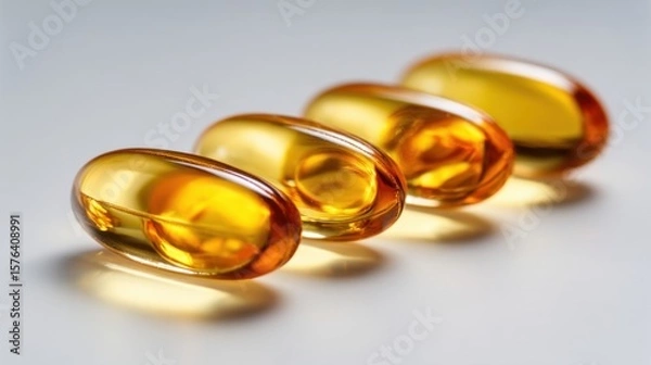 Fototapeta Close-up of four shiny golden dietary supplement capsules lying on a smooth white surface