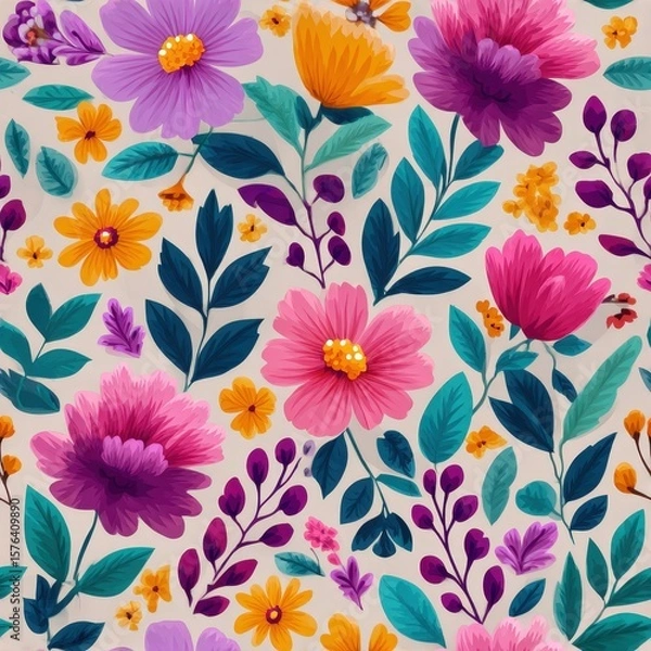 Fototapeta Colorful Seamless Floral Pattern Hand Painted Illustration