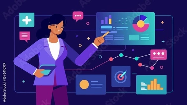 Fototapeta Businesswoman presenting data and charts on a digital screen with colorful graphics isolated on transparent background