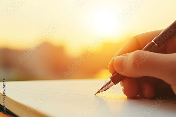 Fototapeta Person writes in a notebook during sunset with a pen
