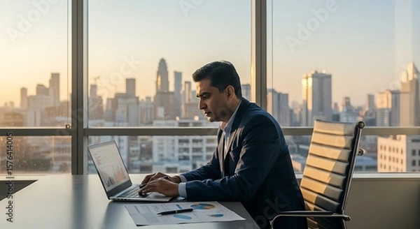 Fototapeta Businessman working on laptop with financial reports in modern office overlooking city skyline