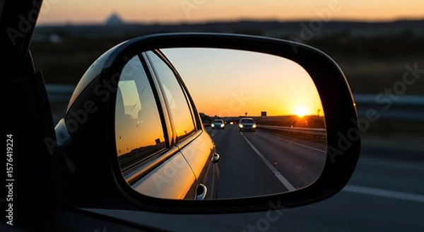Obraz Golden Hour Highway: Sunset Reflection in Car Mirror