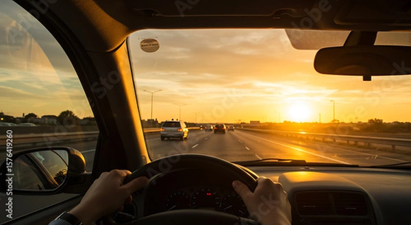 Obraz Sunset Drive: Highway View Through Car Windshield