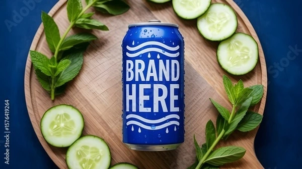 Fototapeta Electrolyte hydration drink with cucumber slices and mint on oak board – Suitable for sports branding, hydration product packaging, or wellness content