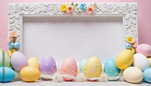 Fototapeta Decorative Easter Eggs Arranged by a Floral Frame on a Pink Background