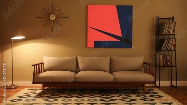 Fototapeta Mid-century modern living room with teak sofa and sunburst clock