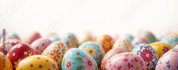 Fototapeta Colorful floral Easter eggs arranged in a cheerful, festive setting. Perfect background for Easter greeting cards, seasonal designs, and holiday-themed content.