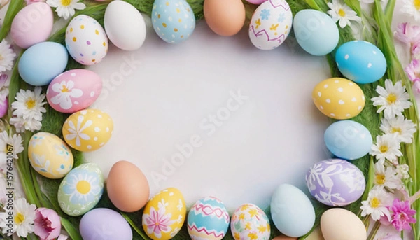 Fototapeta A collection of colorful Easter eggs arranged in a circular pattern, complemented by vibrant flowers and greenery for a festive springtime holiday atmosphere.