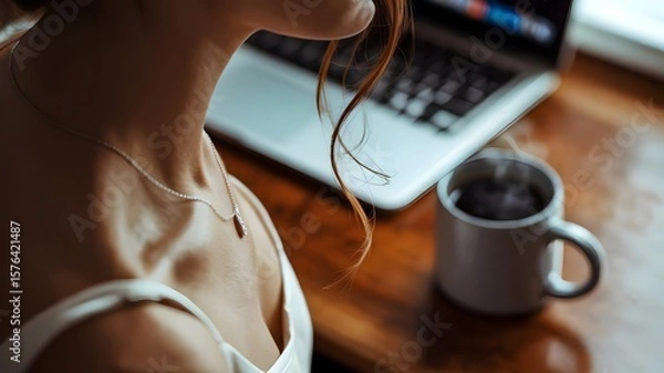 Fototapeta Intimate portrait of woman’s neck in pearl necklace with warm desk setting – Ideal for calm productivity themes, creative workspaces, or minimal lifestyle content