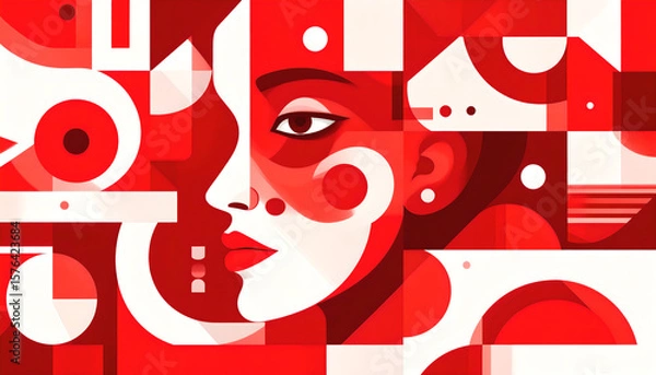 Fototapeta Abstract Red and White Portrait of a Woman with Geometric Shapes