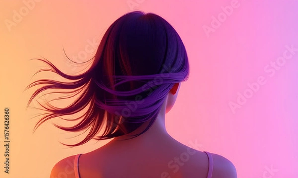 Fototapeta Woman with Flowing Hair in Neon Light, Back View, 3D Rendering