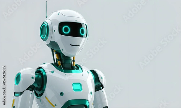 Fototapeta Friendly White Robot Standing on Grey Background, Future Technology Concept.
