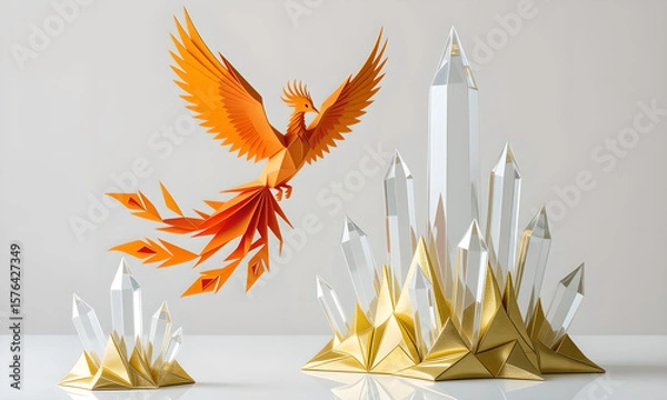 Fototapeta Geometric Paper Phoenix Flying Near Crystalline Structures on White Background