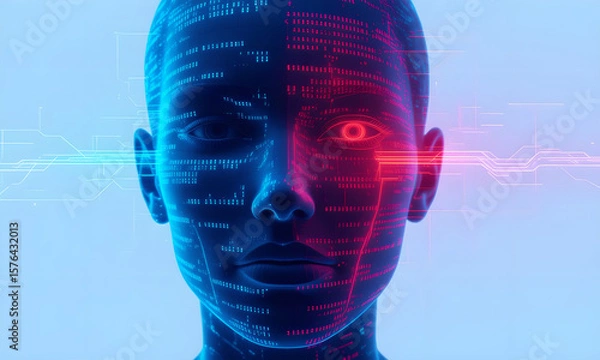 Fototapeta AI Face Recognition: Futuristic Woman with Digital Code Overlay
