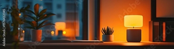 Fototapeta Warm lighting illuminates a windowsill display.