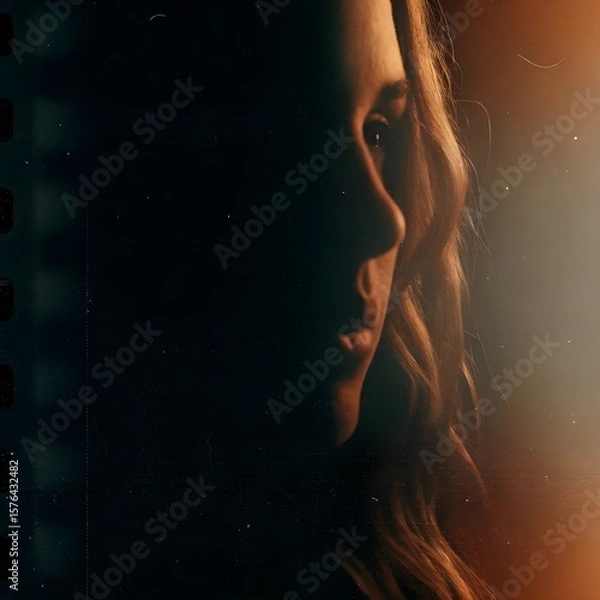 Obraz Moody portrait of woman in shadow with vintage film lighting.

