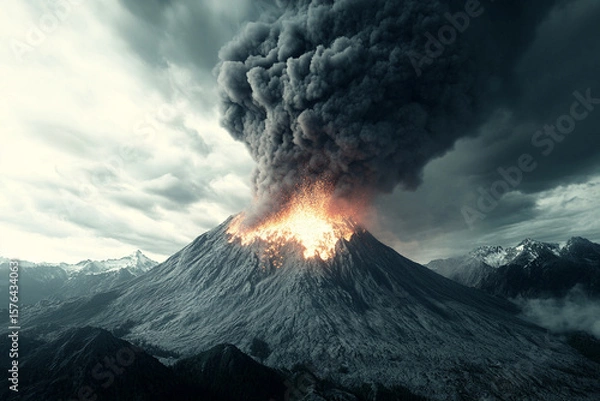 Obraz Volcano erupts with dramatic smoke and ash cloud