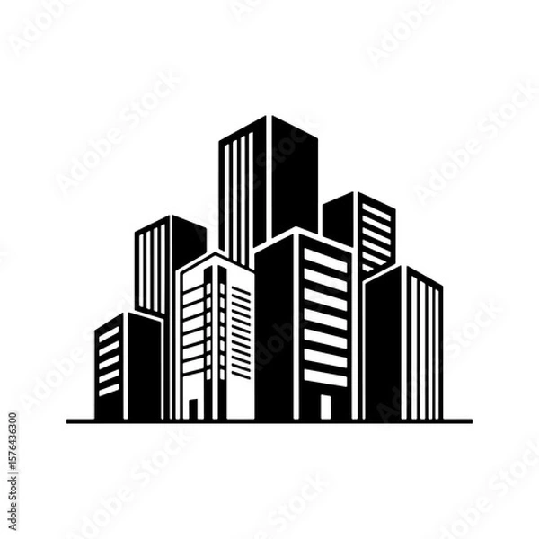 Fototapeta Black and white single icon with a business theme, created with multiple buildings

