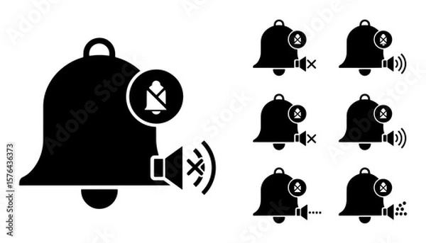 Obraz Vector collection of black bell icons with red notification badges, mute symbols, and vibration marks on white background