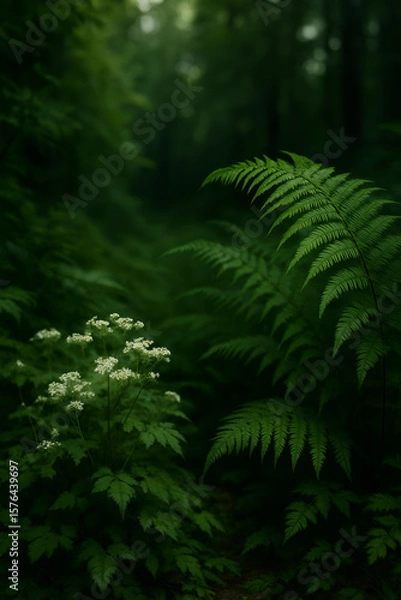 Fototapeta Mystical forest landscape with ferns and wild flowers, vertical template with green plants