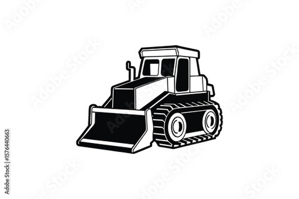 Fototapeta Detailed Bulldozer Illustration Featuring a Front Blade and Track Wheels Rendered in a Striking Black and White Silhouette
