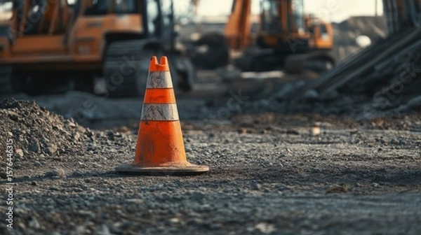 Fototapeta Close-up of a weathered orange traffic cone at a construction site with heavy machinery in the background.