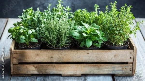 Fototapeta Fresh herbs in wooden crate on rustic table