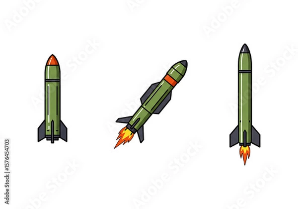 Obraz Isolated 3D cartoon rocket illustrations of military missiles, shells, and red bullets on white