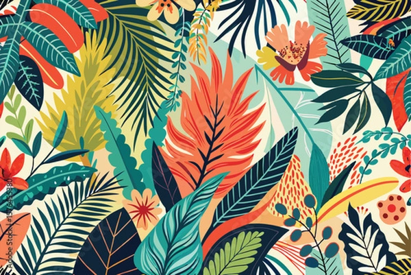 Fototapeta Colorful depiction of tropical foliage with various leaves and flowers. The vibrant design captures a sense of natures beauty and diversity, creating an energetic and lively visual appeal.