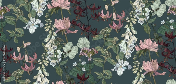 Obraz Flowers and leaves in vintage style, seamless pattern	
