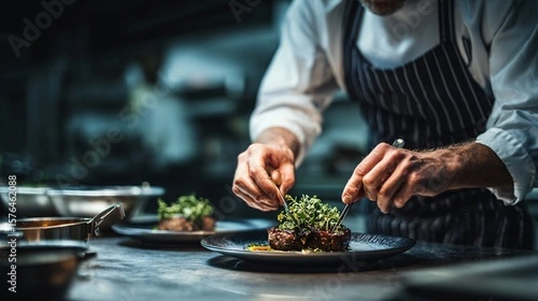 Fototapeta Professional chef preparing gourmet dish at elegant restaurant kitchen counter, plating food with herbs and sauce, dark moody background, empty area