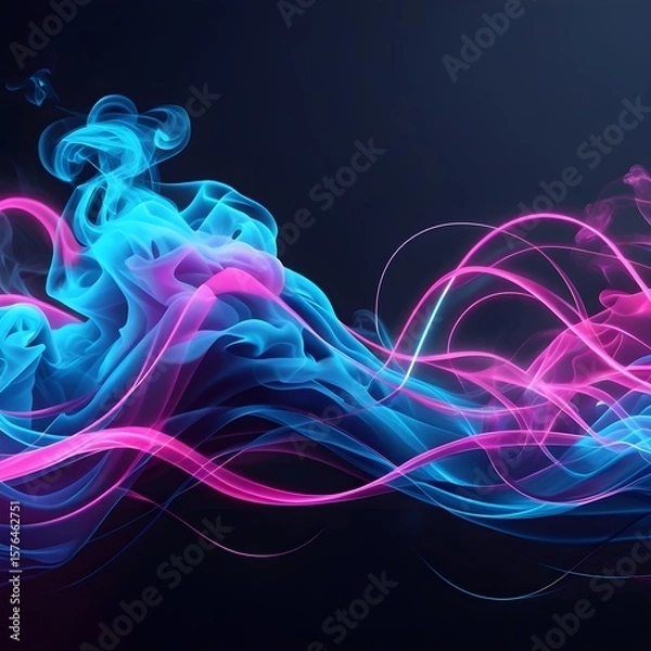 Fototapeta Electric blue and magenta smoke waves drifting on a black background, neon light effect, glowing abstract lines