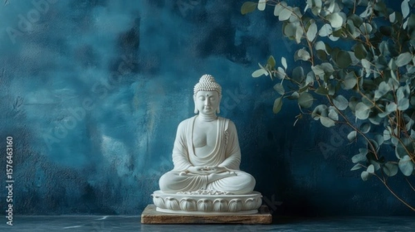 Fototapeta White Buddha statue meditating, serene pose against a blue textured background with eucalyptus branch.