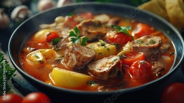 Fototapeta Warm and Comforting Meat Stew with Fresh Vegetables and Herbs