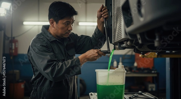 Fototapeta Mechanic working on vehicle with green fluid in workshop  
