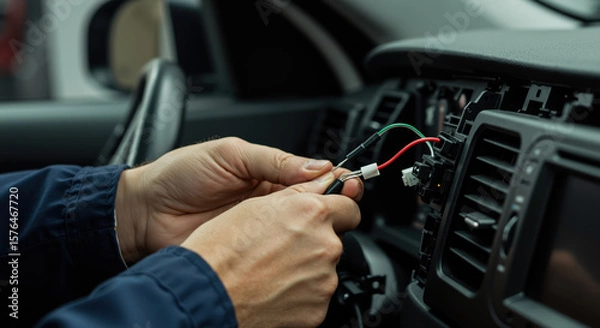 Fototapeta Technician installing audio system wiring in car dashboard  