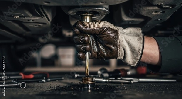 Fototapeta Mechanic working with tools under car in garage environment  