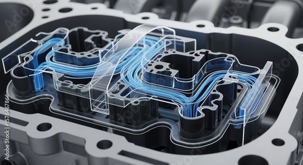 Fototapeta Engine component with transparent details and blue fluid pathways  