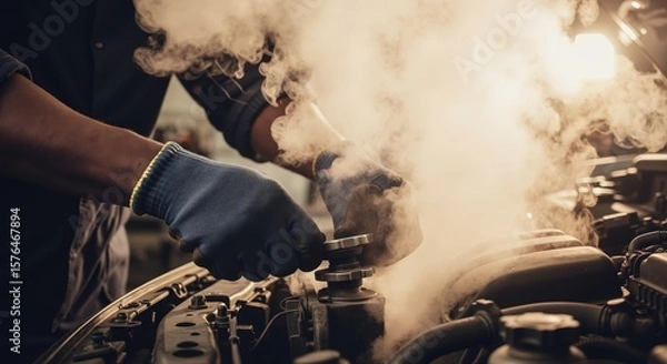 Fototapeta Mechanic working on engine with steam and tools in workshop  