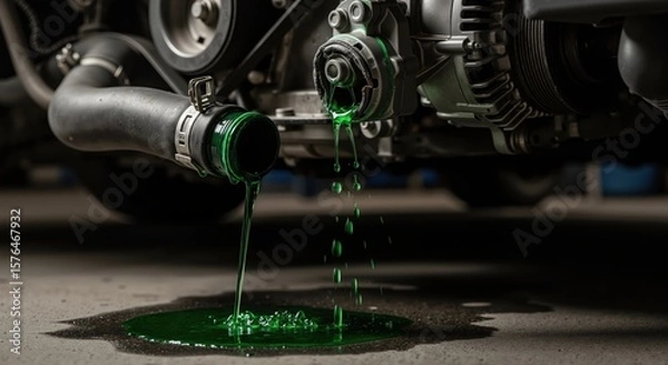 Fototapeta Coolant leaking from vehicle engine onto garage floor  